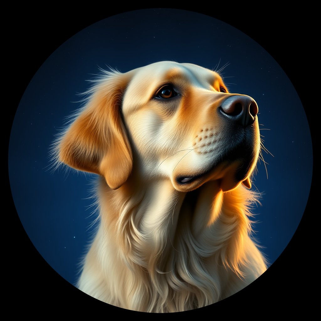Cosmic medallion portrait of GRLS_grlsKTJLCH99, a Golden Retriever