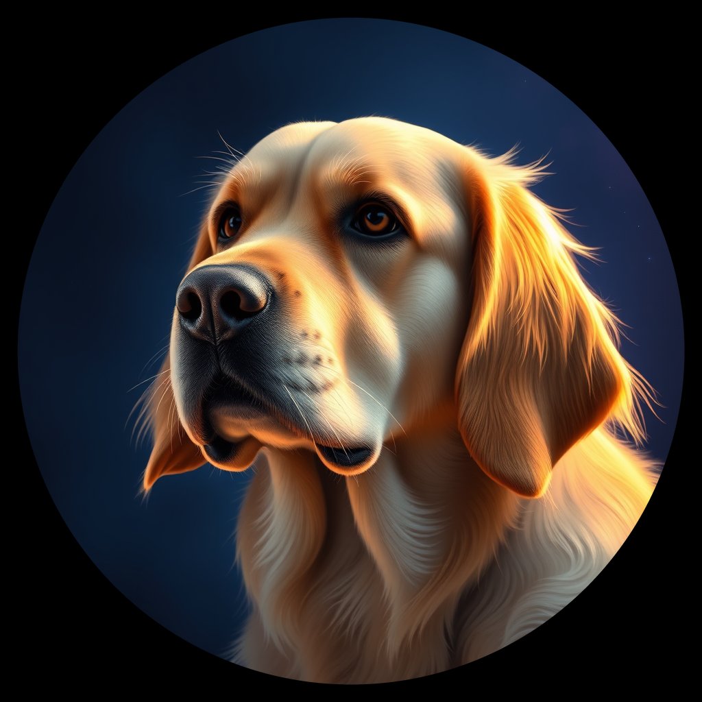 Cosmic medallion portrait of GRLS_grlsKUEUNUEE, a Golden Retriever