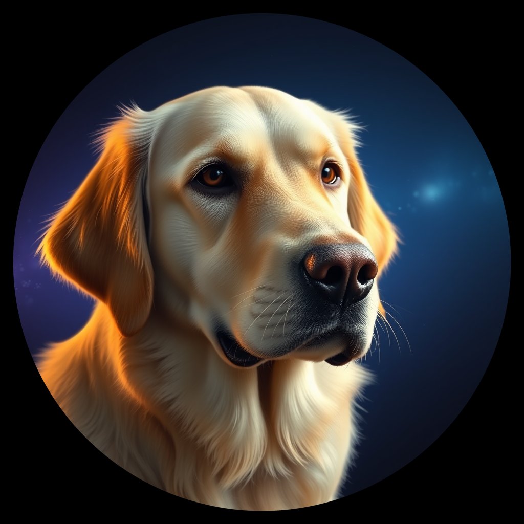 Cosmic medallion portrait of GRLS_grlsKX8G1OO, a Golden Retriever