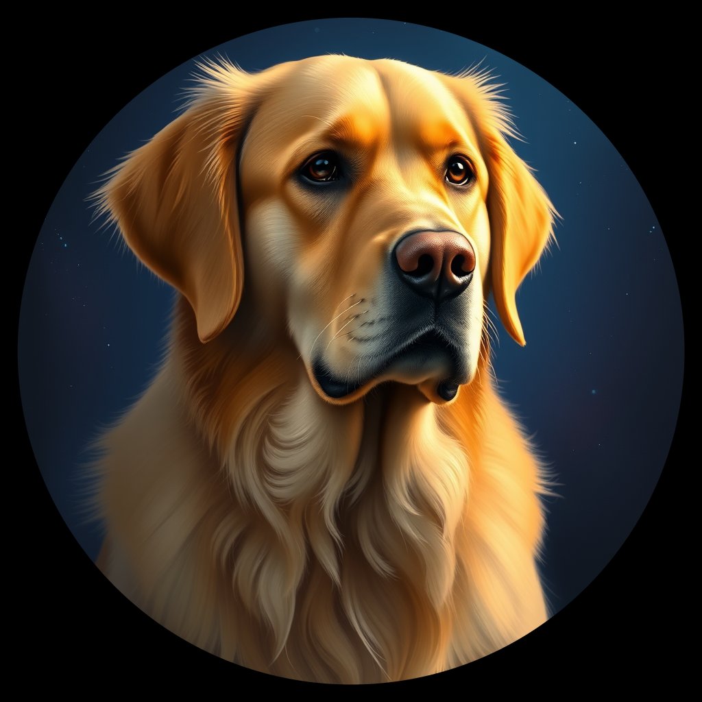 Cosmic medallion portrait of GRLS_grlsKY2U62AA, a Golden Retriever