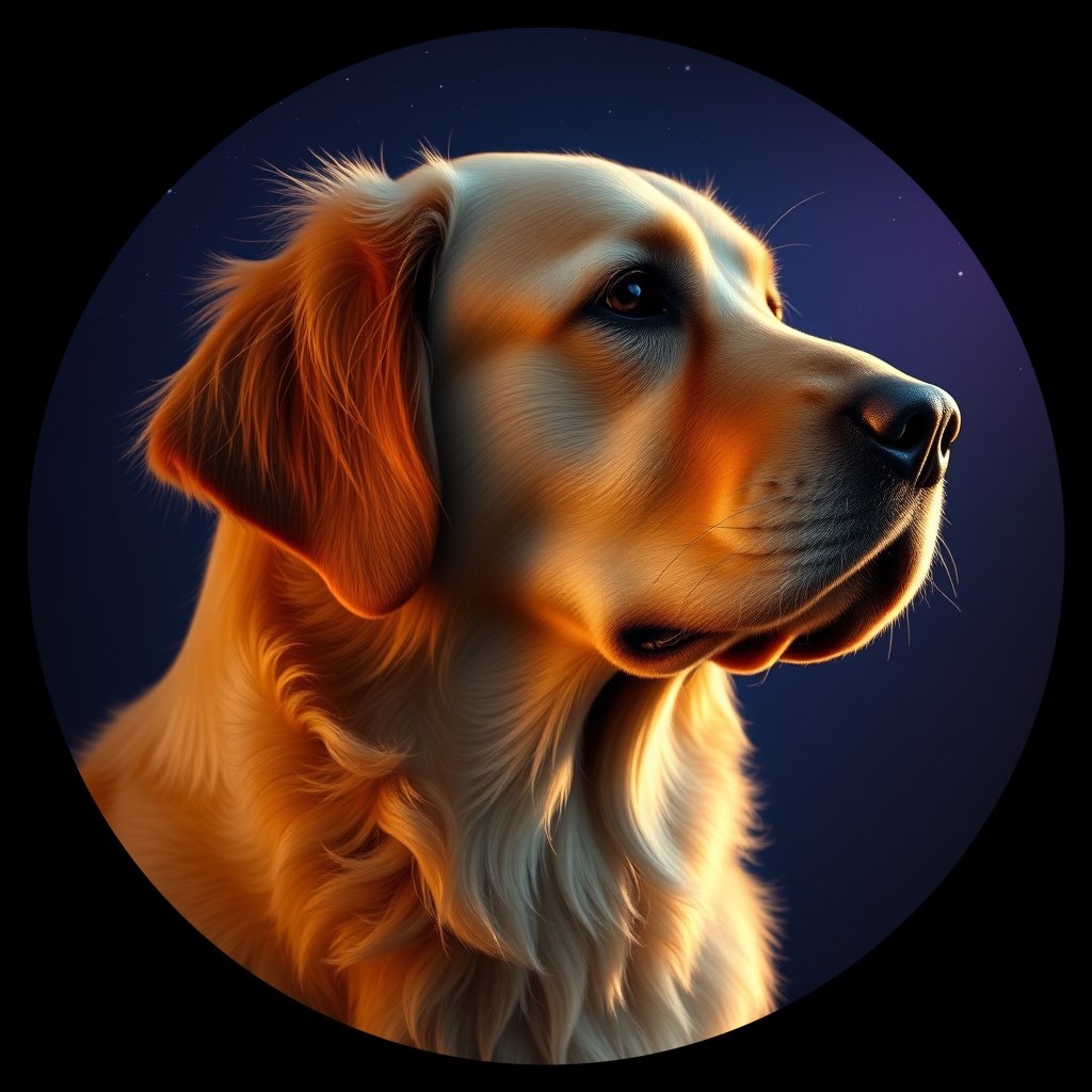 Cosmic medallion portrait of GRLS_grlsL3ZMQ9HH, a Golden Retriever