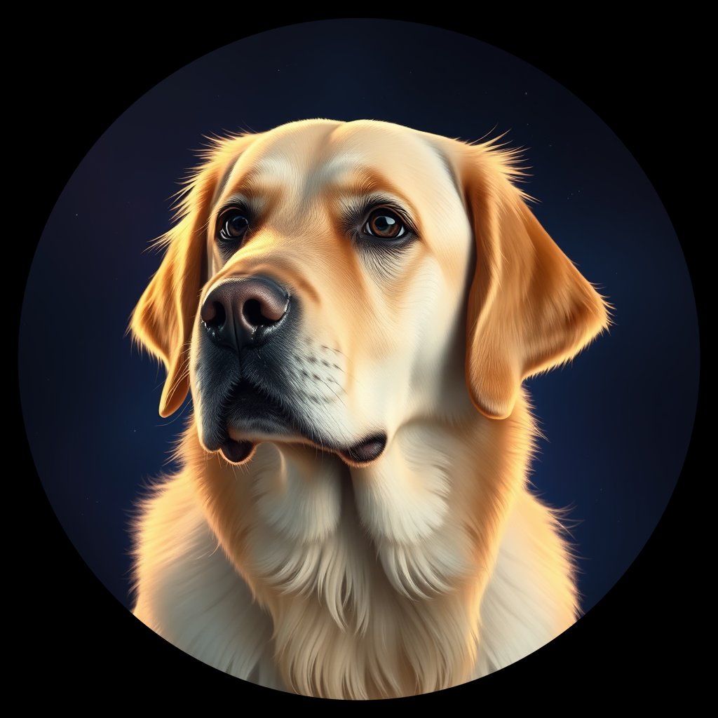 Cosmic medallion portrait of GRLS_grlsL428H277, a Golden Retriever