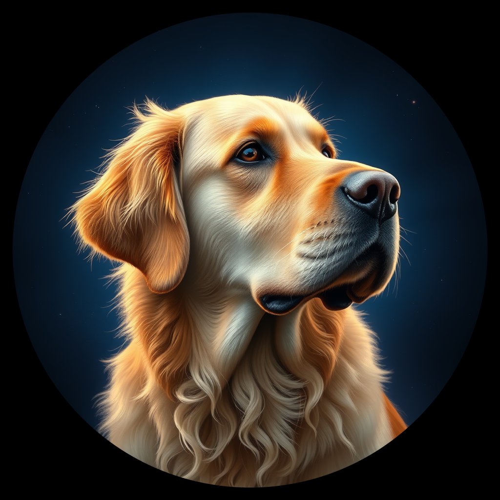 Cosmic medallion portrait of GRLS_grlsL7E2G6QQ, a Golden Retriever