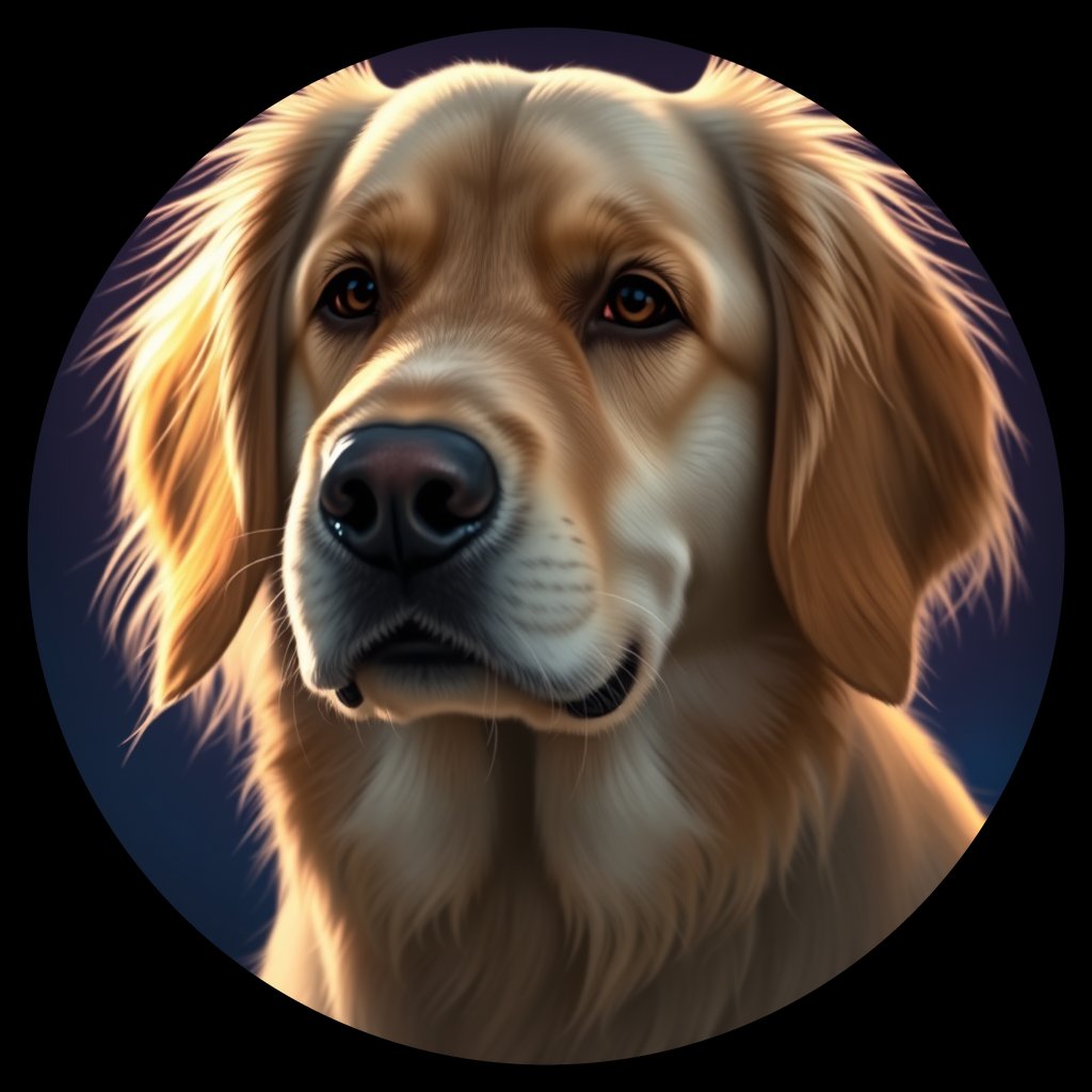 Cosmic medallion portrait of GRLS_grlsLCIJR3RR, a Golden Retriever