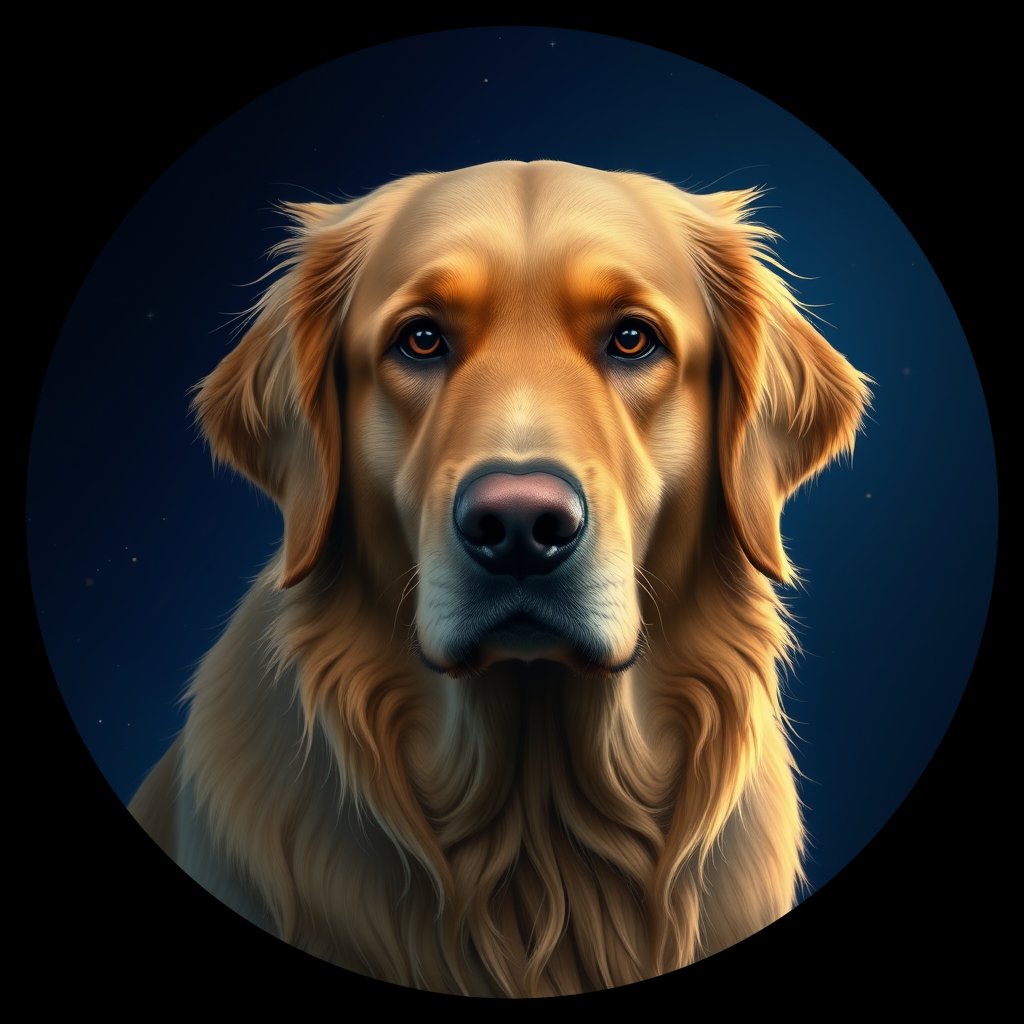 Cosmic medallion portrait of GRLS_grlsLEL2TR77, a Golden Retriever
