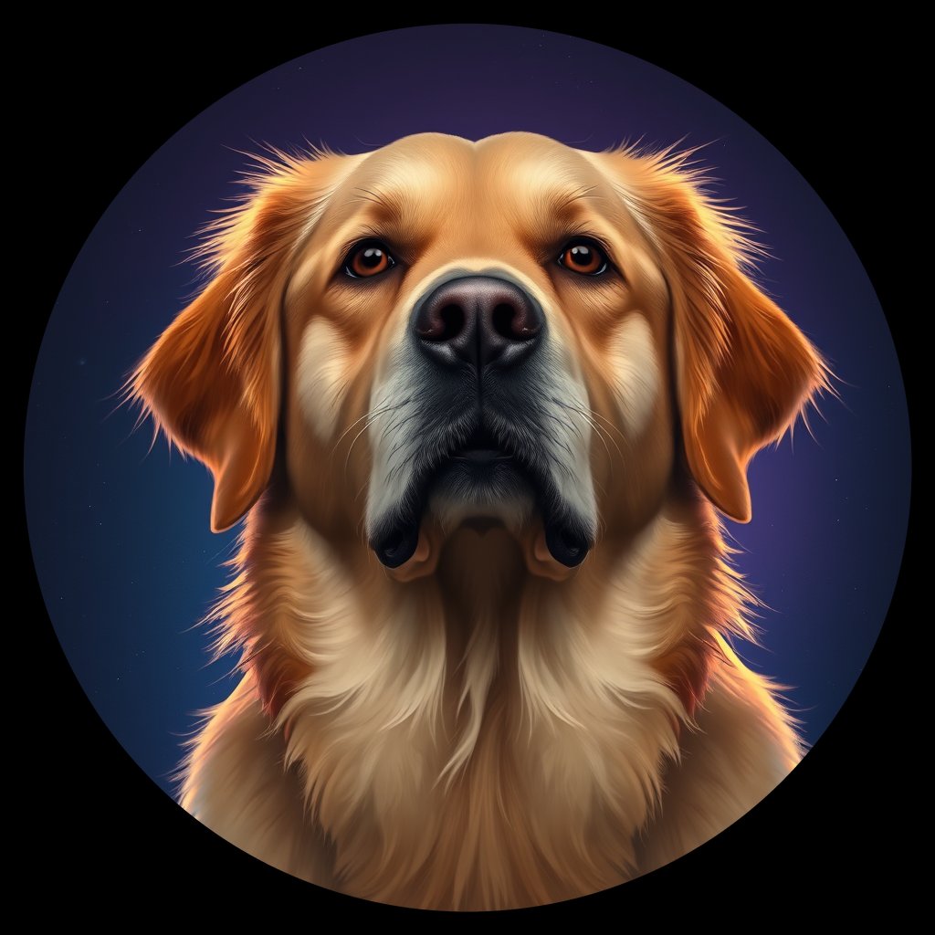 Cosmic medallion portrait of GRLS_grlsLFOHPMNN, a Golden Retriever