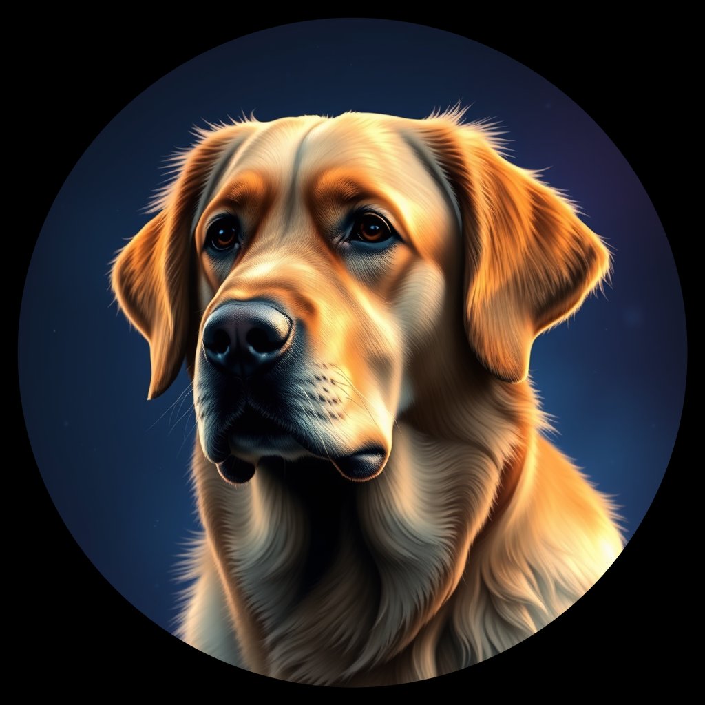 Cosmic medallion portrait of GRLS_grlsLHAFNENN, a Golden Retriever