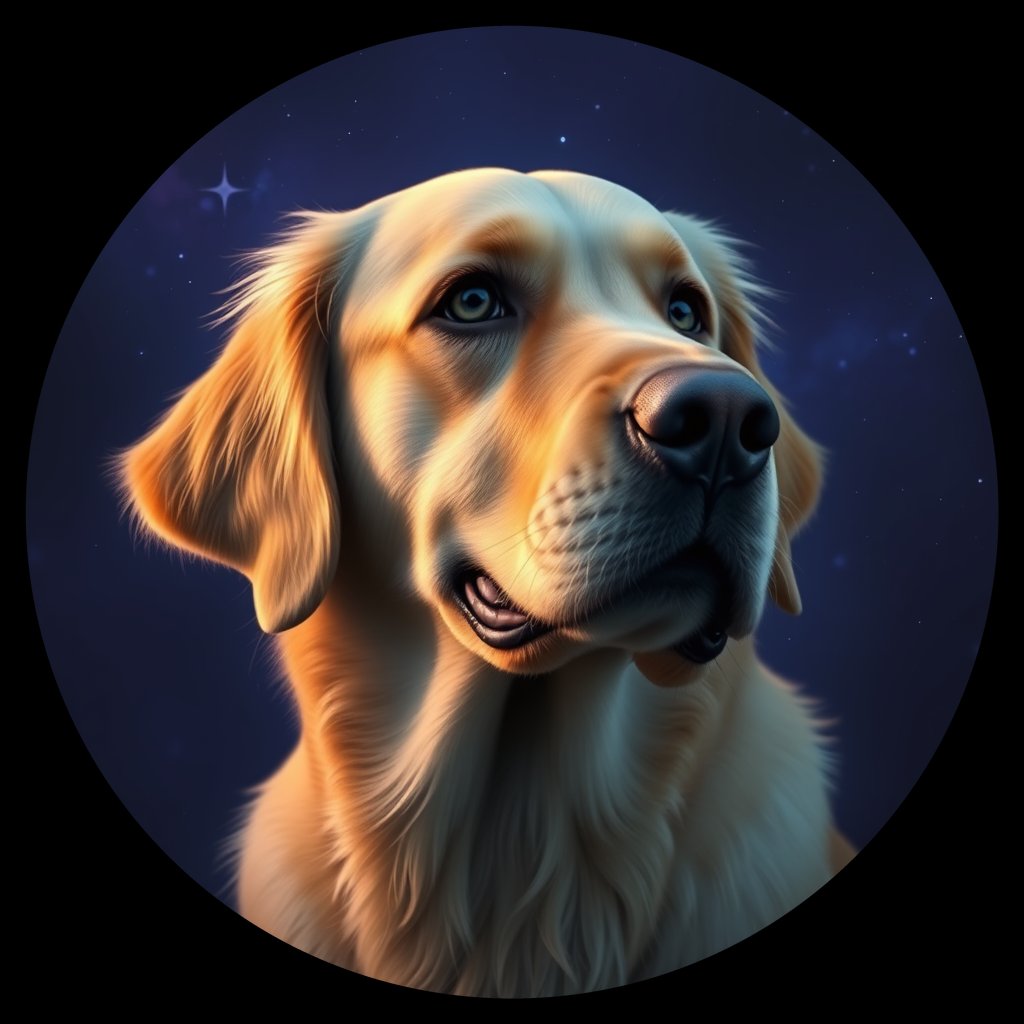 Cosmic medallion portrait of GRLS_grlsLLH2XVSS, a Golden Retriever