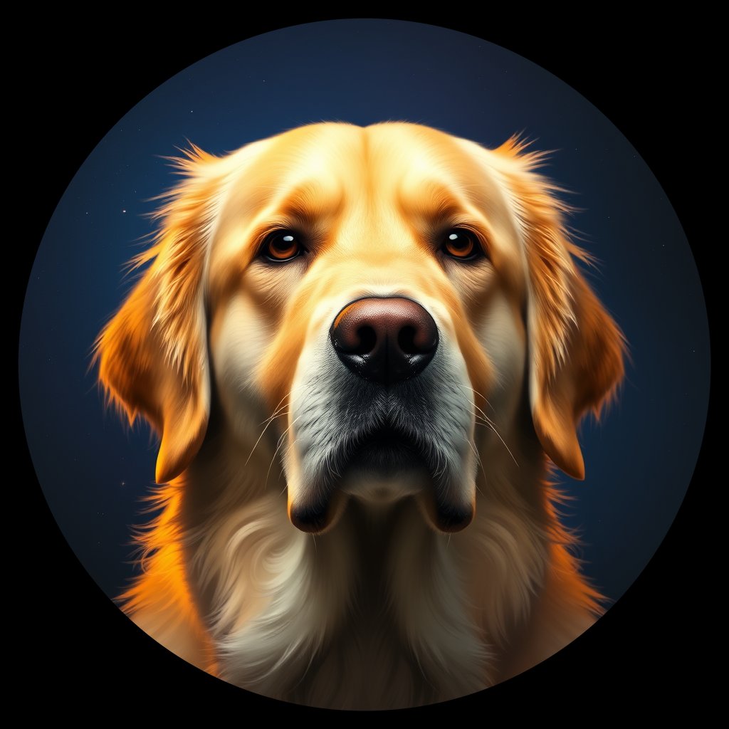 Cosmic medallion portrait of GRLS_grlsLM0V30LL, a Golden Retriever