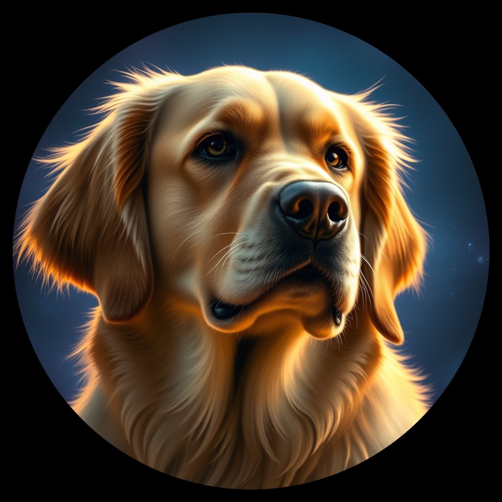 Cosmic medallion portrait of GRLS_grlsLM4J9PII, a Golden Retriever