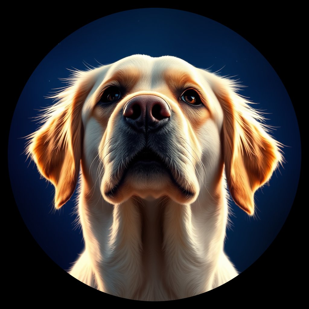 Cosmic medallion portrait of GRLS_grlsLMFO85WW, a Golden Retriever