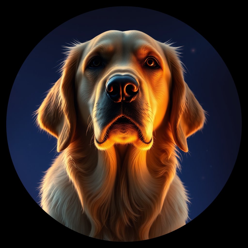 Cosmic medallion portrait of GRLS_grlsLN8NVXX, a Golden Retriever