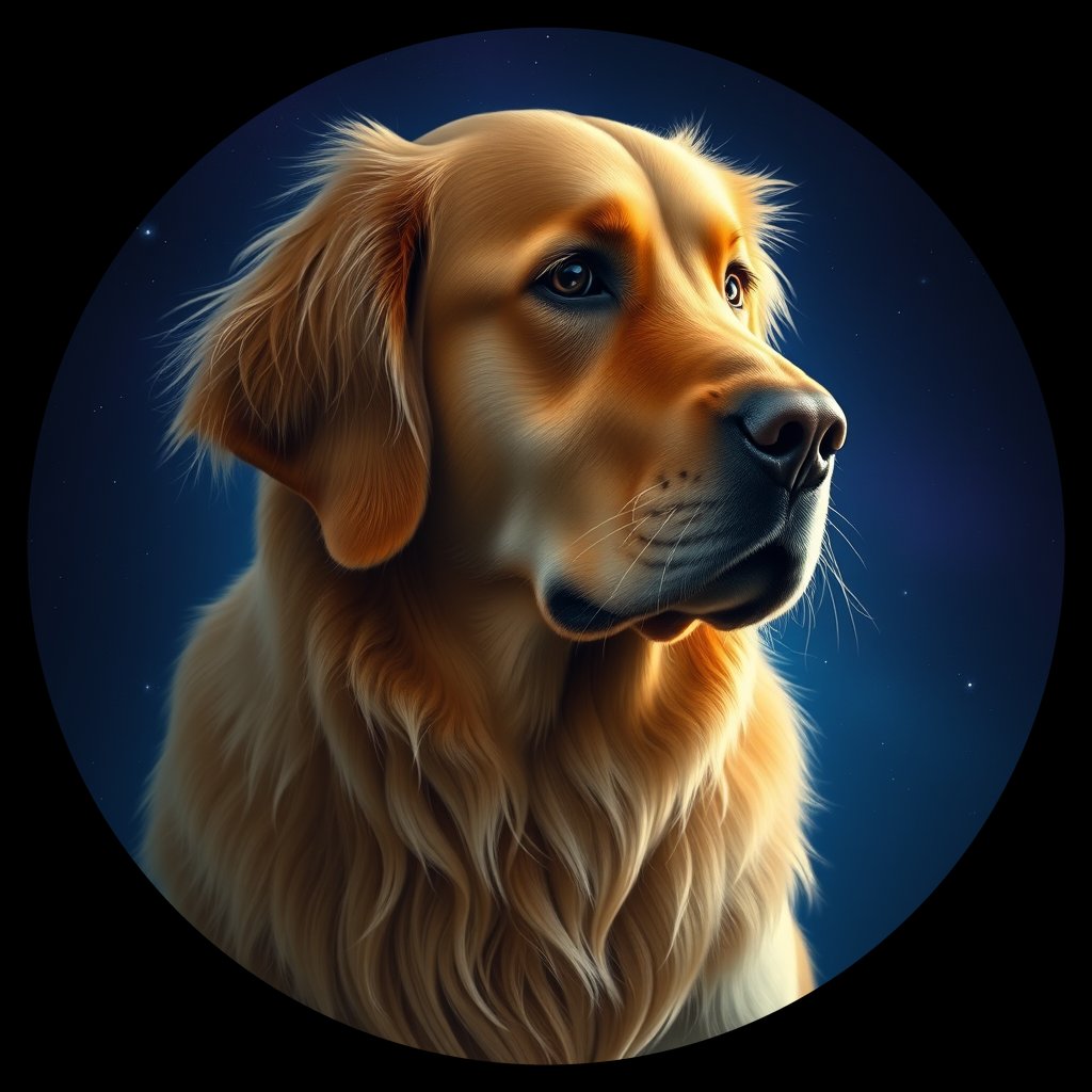Cosmic medallion portrait of GRLS_grlsLOQKSV, a Golden Retriever