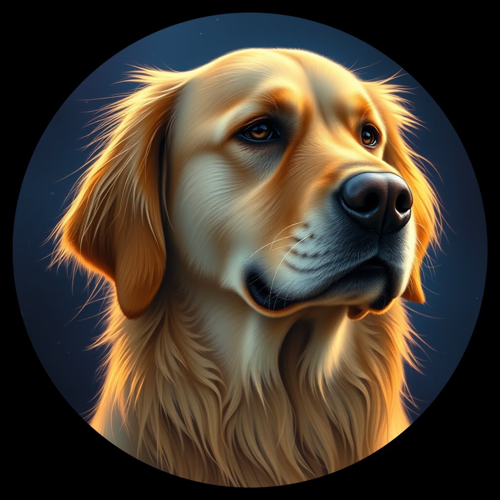 Cosmic medallion portrait of GRLS_grlsLP468HQQ, a Golden Retriever