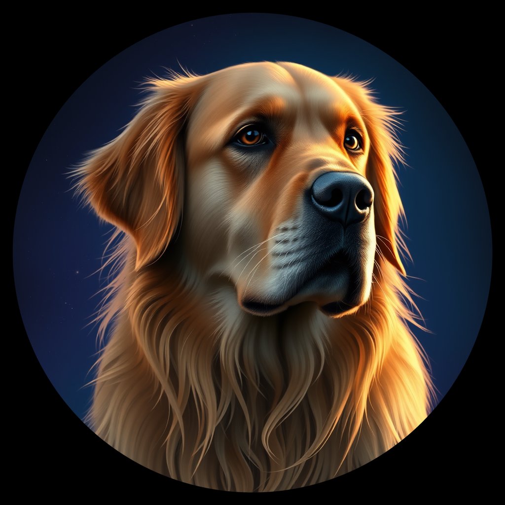 Cosmic medallion portrait of GRLS_grlsLPJ4PKTT, a Golden Retriever