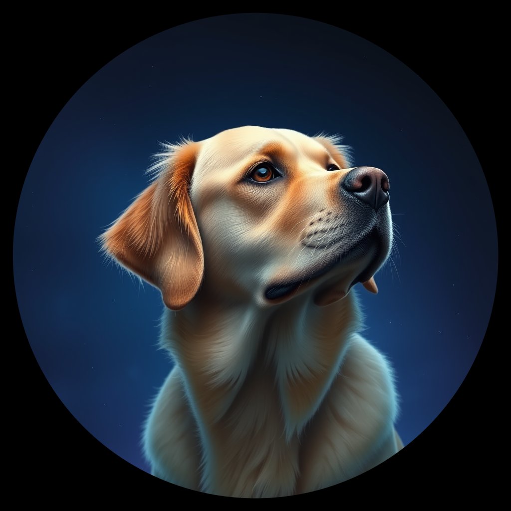 Cosmic medallion portrait of GRLS_grlsLQB8A0FF, a Golden Retriever
