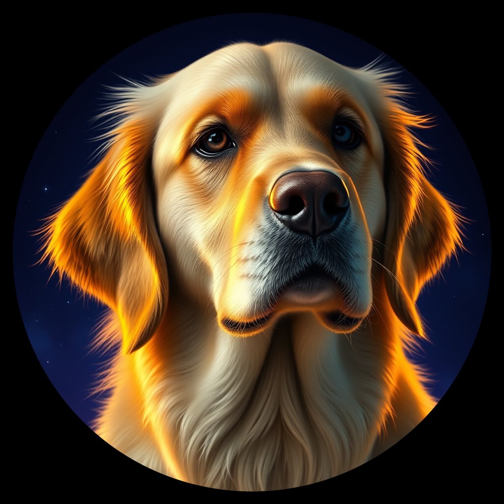 Cosmic medallion portrait of GRLS_grlsLQKQCJZZ, a Golden Retriever