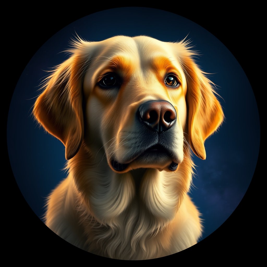 Cosmic medallion portrait of GRLS_grlsLS9QDI55, a Golden Retriever