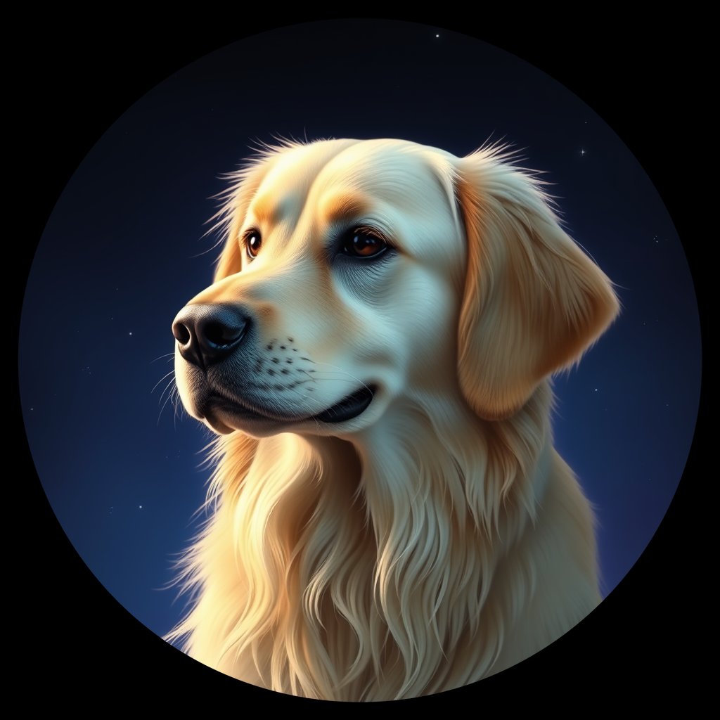 Cosmic medallion portrait of GRLS_grlsLTJ1MUBB, a Golden Retriever