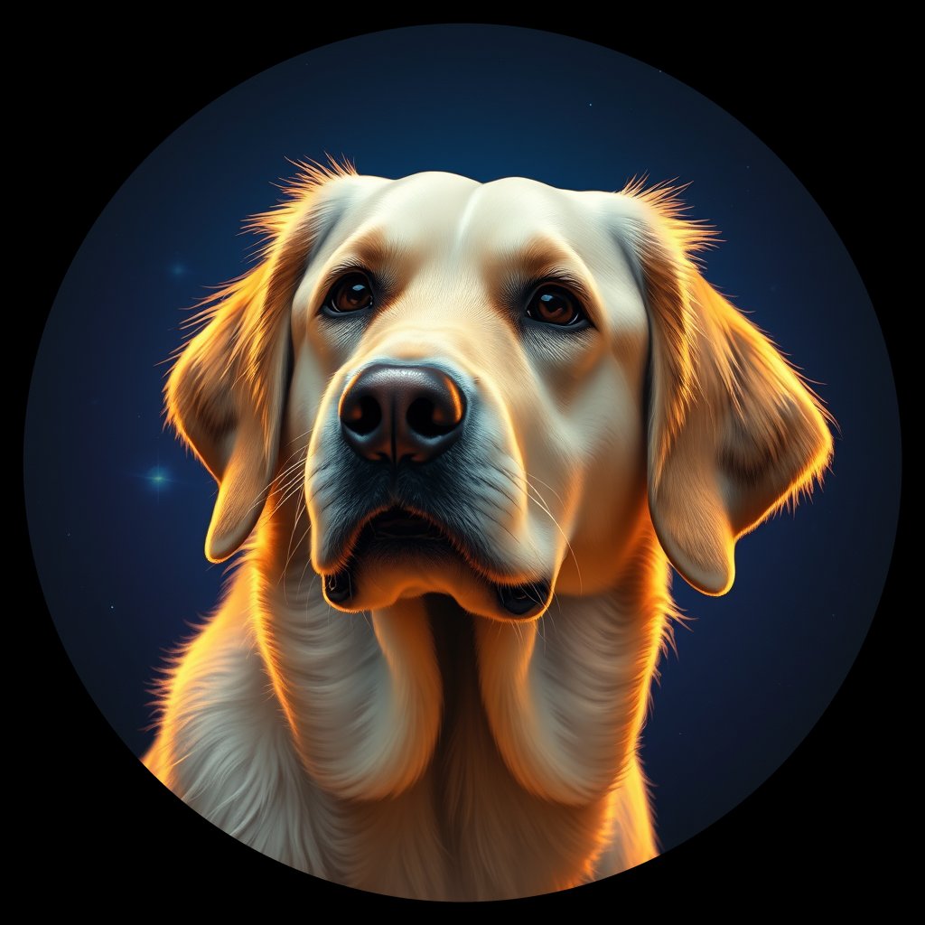 Cosmic medallion portrait of GRLS_grlsLV3DSCLL, a Golden Retriever