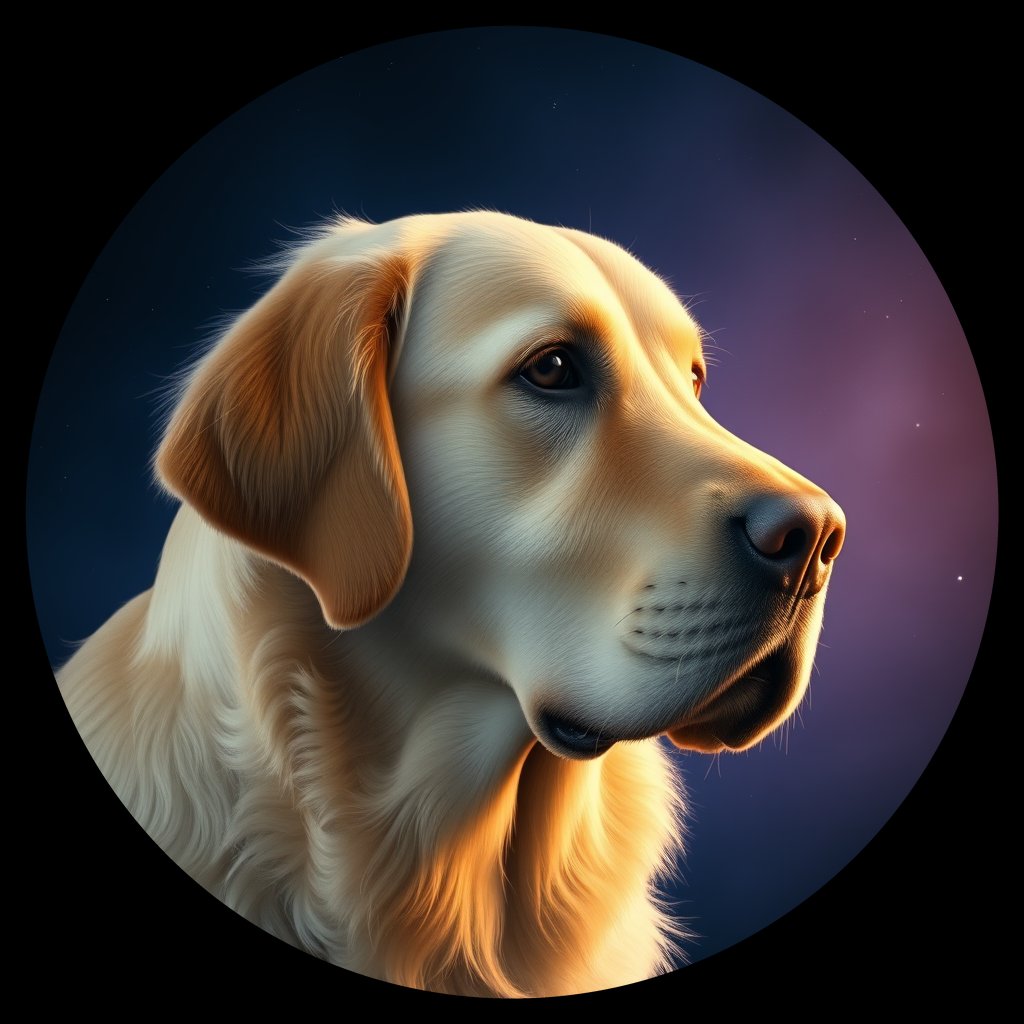 Cosmic medallion portrait of GRLS_grlsLWNTFXTT, a Golden Retriever