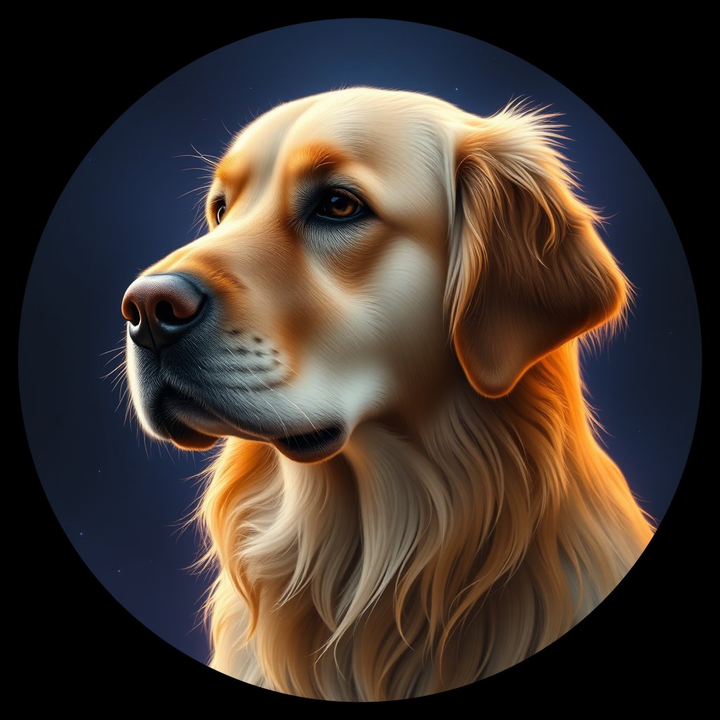 Cosmic medallion portrait of GRLS_grlsLWVGDNDD, a Golden Retriever