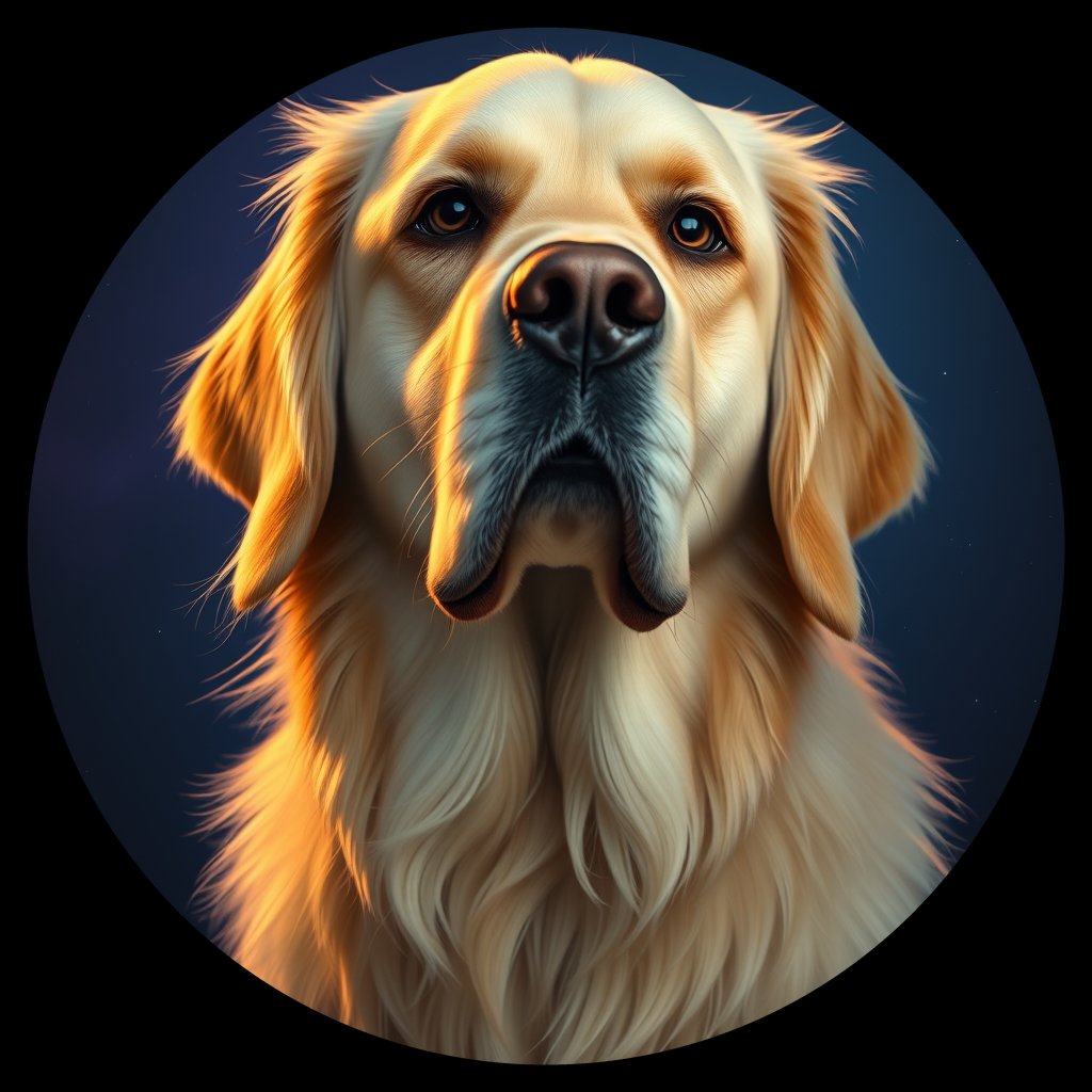 Cosmic medallion portrait of GRLS_grlsLX1TK8RR, a Golden Retriever