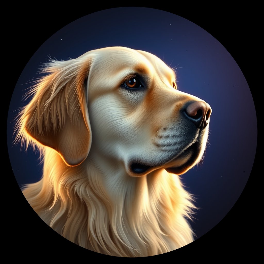 Cosmic medallion portrait of GRLS_grlsLYXE35WW, a Golden Retriever