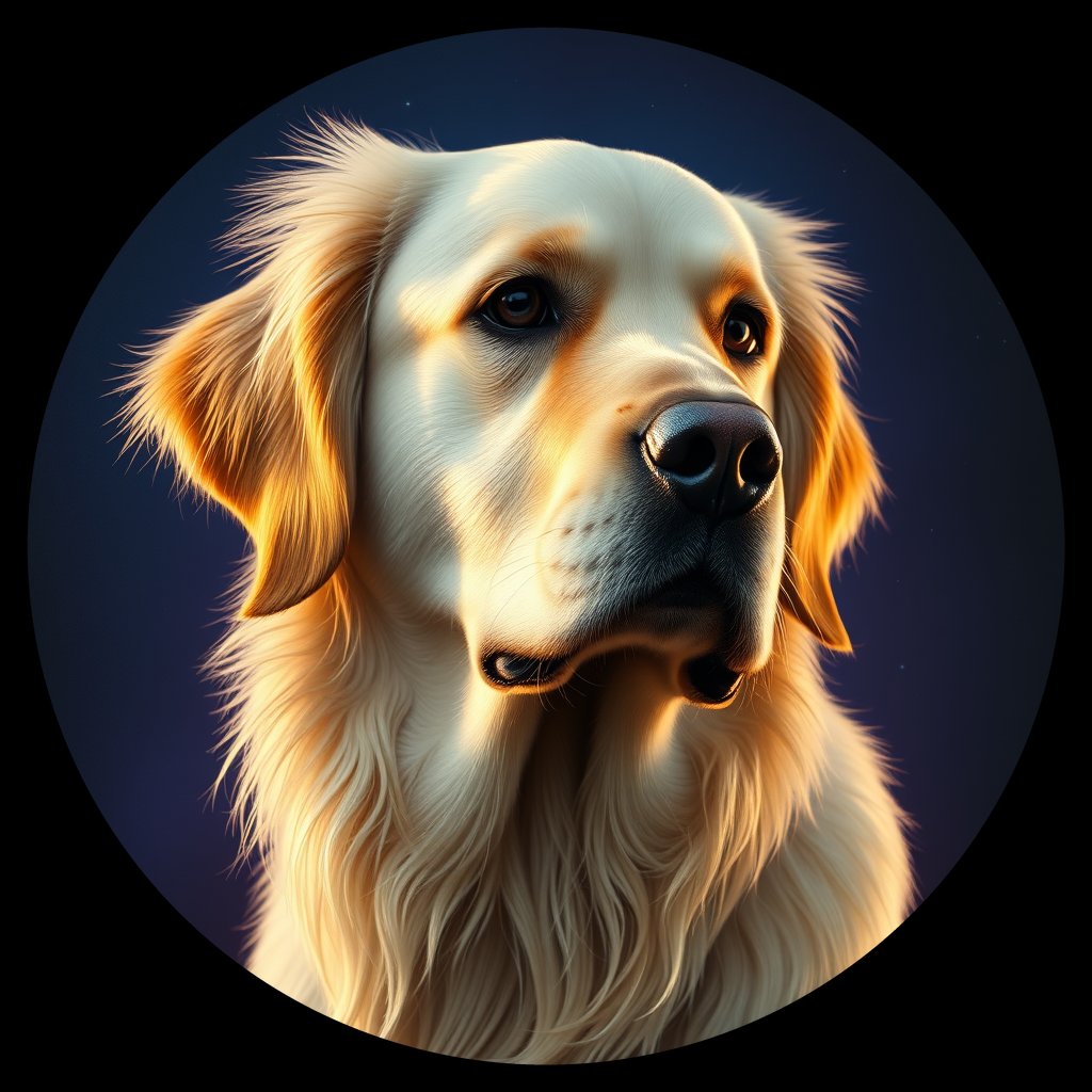 Cosmic medallion portrait of GRLS_grlsLZT0WVYY, a Golden Retriever