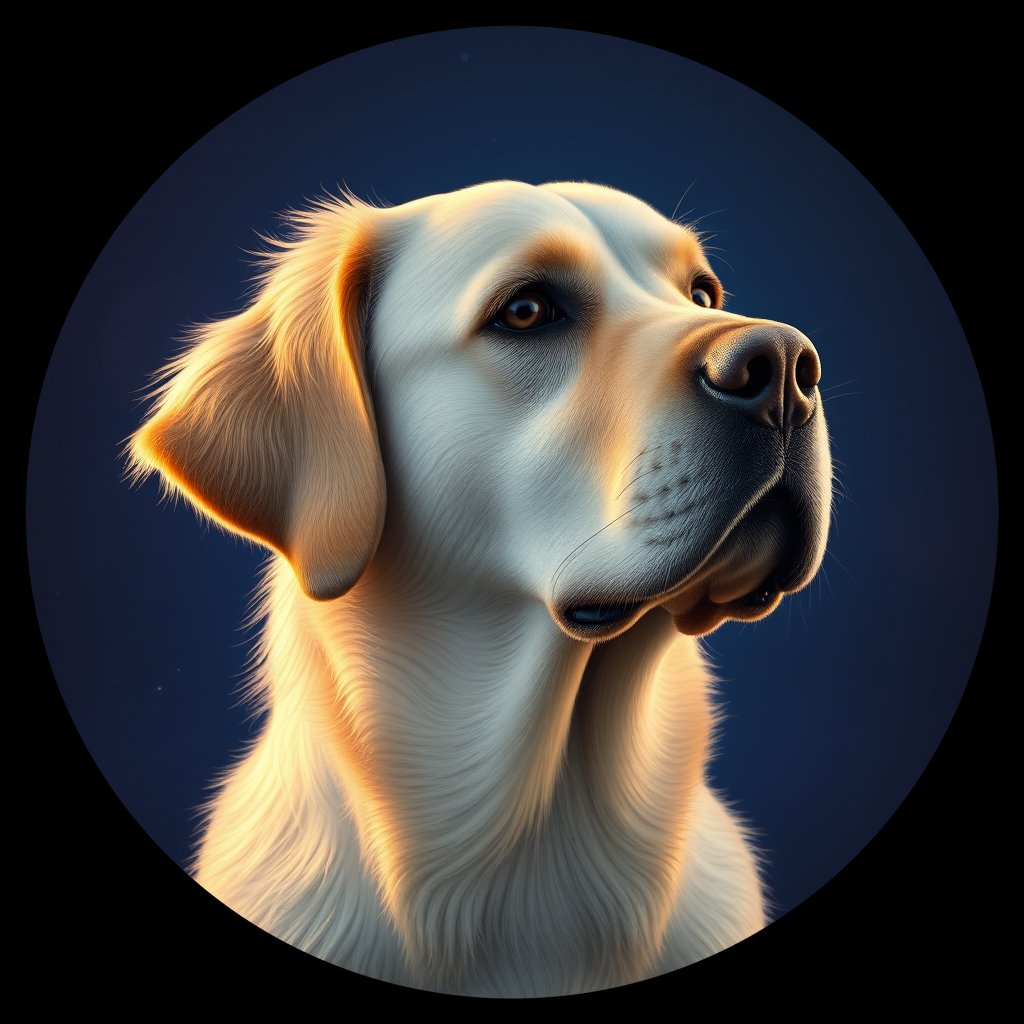Cosmic medallion portrait of GRLS_grlsM14NP0PP, a Golden Retriever
