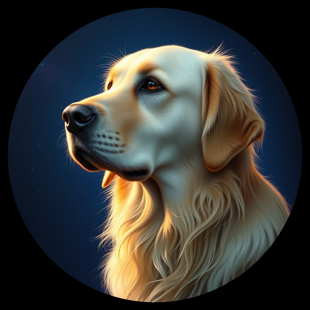 Cosmic medallion portrait of GRLS_grlsM1KYBISS, a Golden Retriever