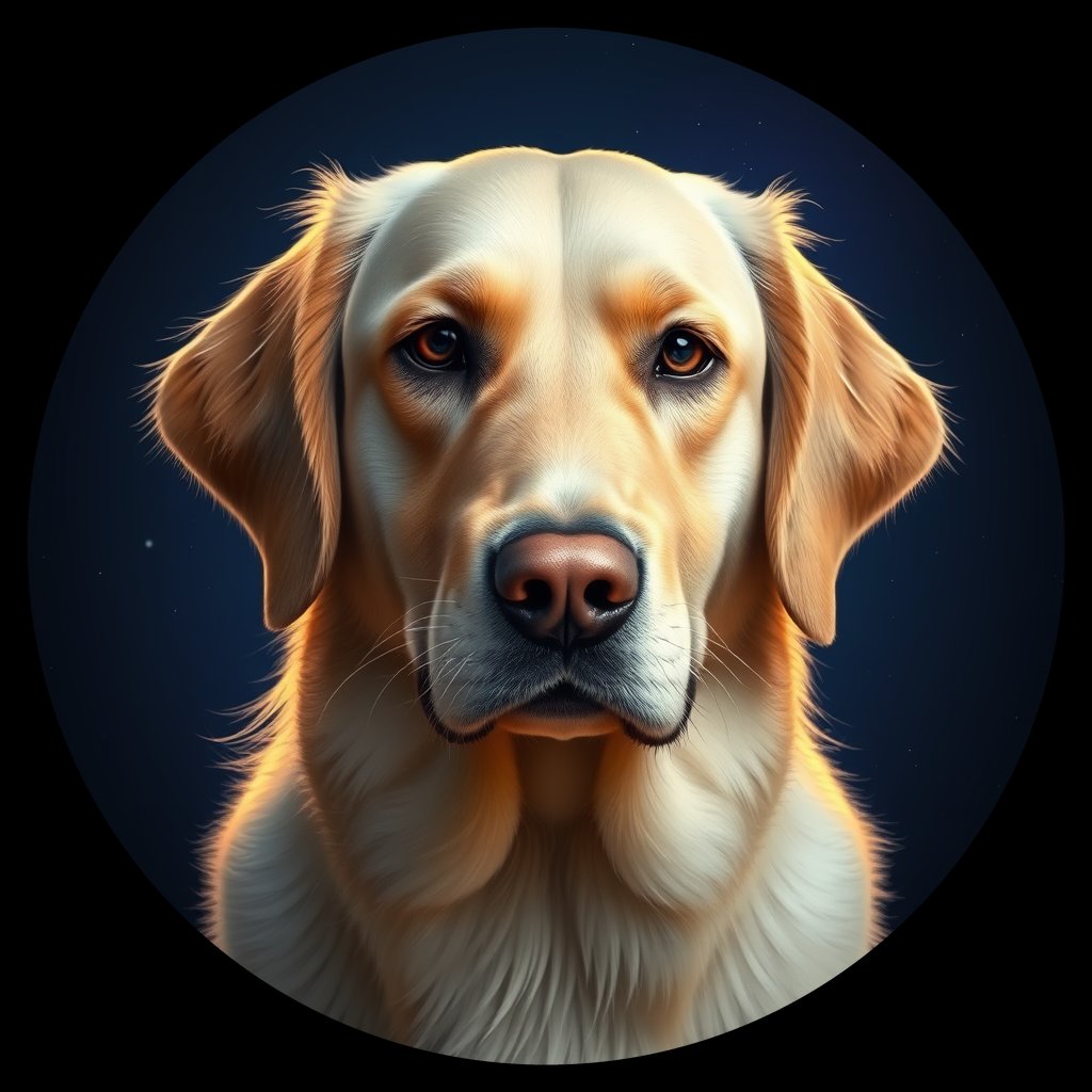Cosmic medallion portrait of GRLS_grlsM1TR82, a Golden Retriever