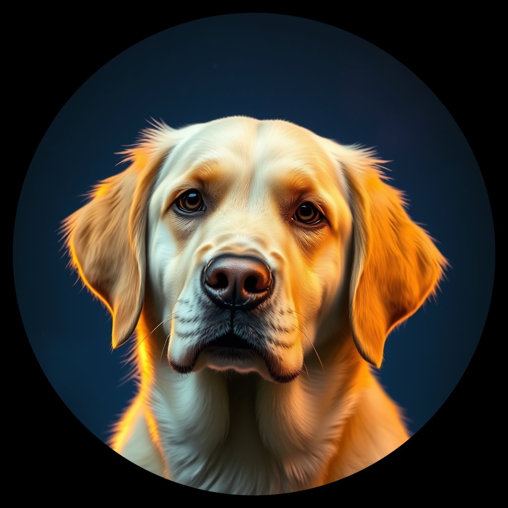 Cosmic medallion portrait of GRLS_grlsM21R3M55, a Golden Retriever