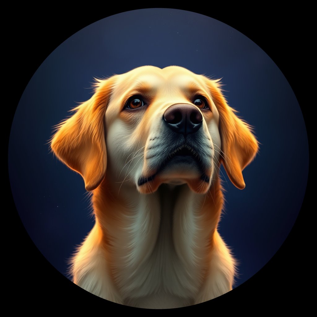 Cosmic medallion portrait of GRLS_grlsM2WNE1LL, a Golden Retriever