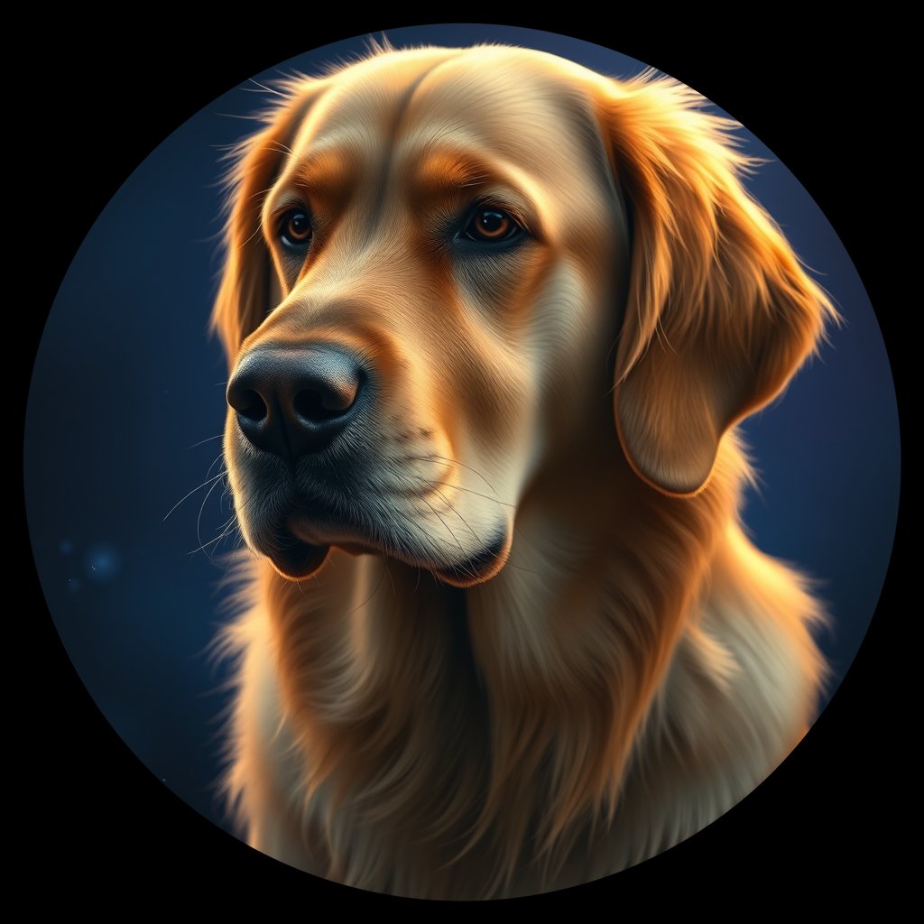 Cosmic medallion portrait of GRLS_grlsM4LD0UU, a Golden Retriever