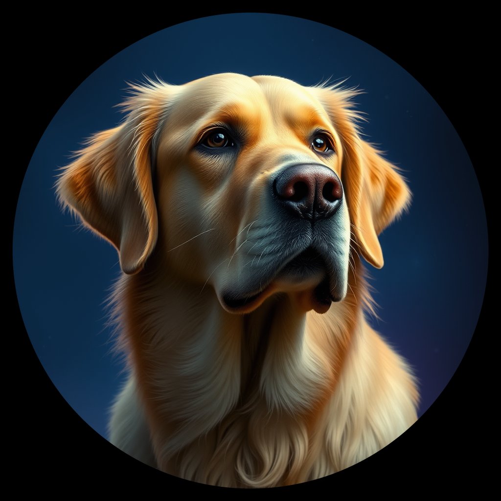 Cosmic medallion portrait of GRLS_grlsM5FXIJDD, a Golden Retriever