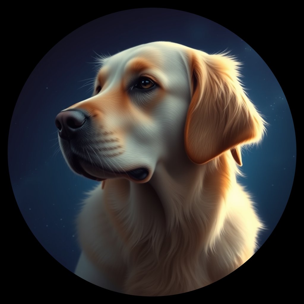 Cosmic medallion portrait of GRLS_grlsME3L0P77, a Golden Retriever
