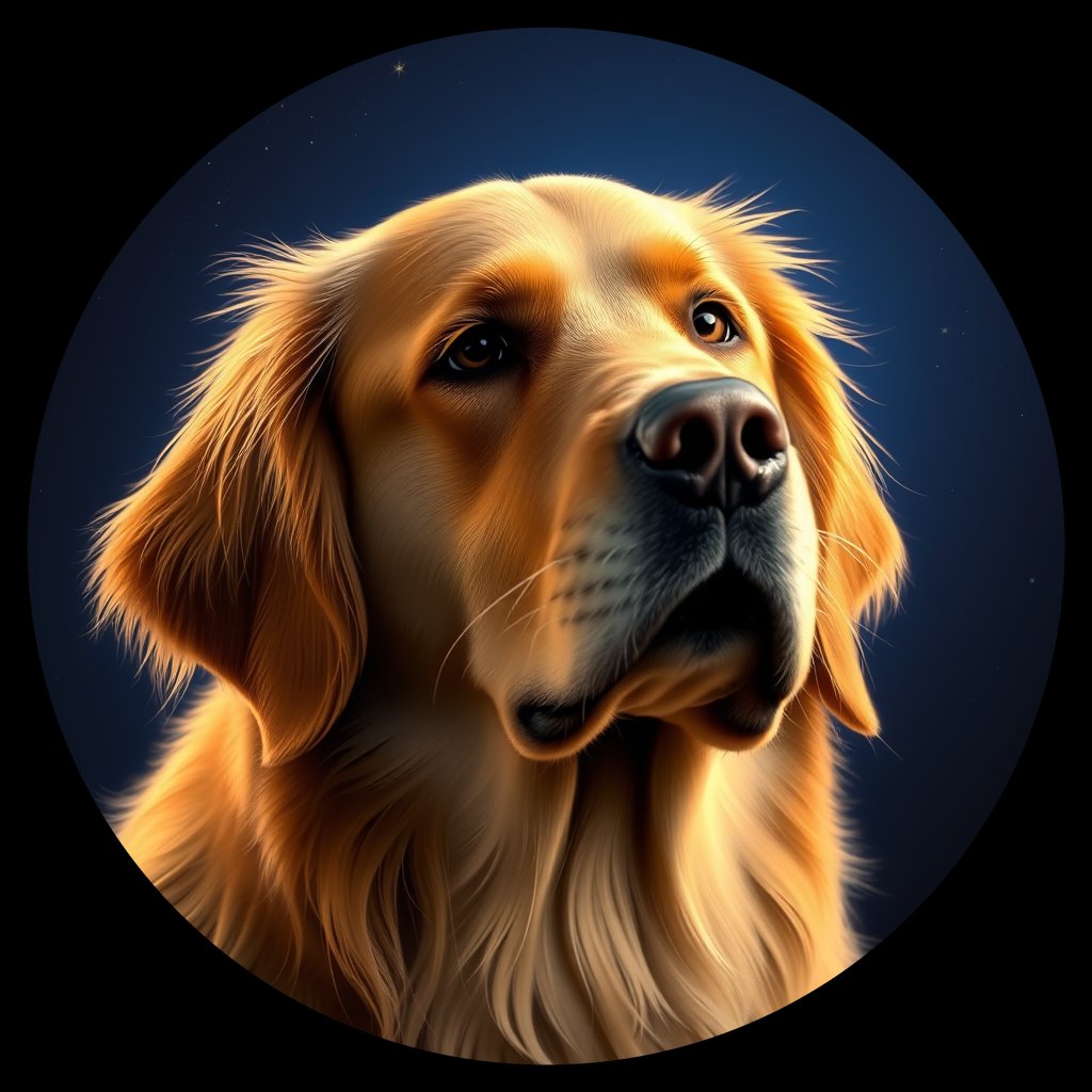 Cosmic medallion portrait of GRLS_grlsMG8OL6DD, a Golden Retriever