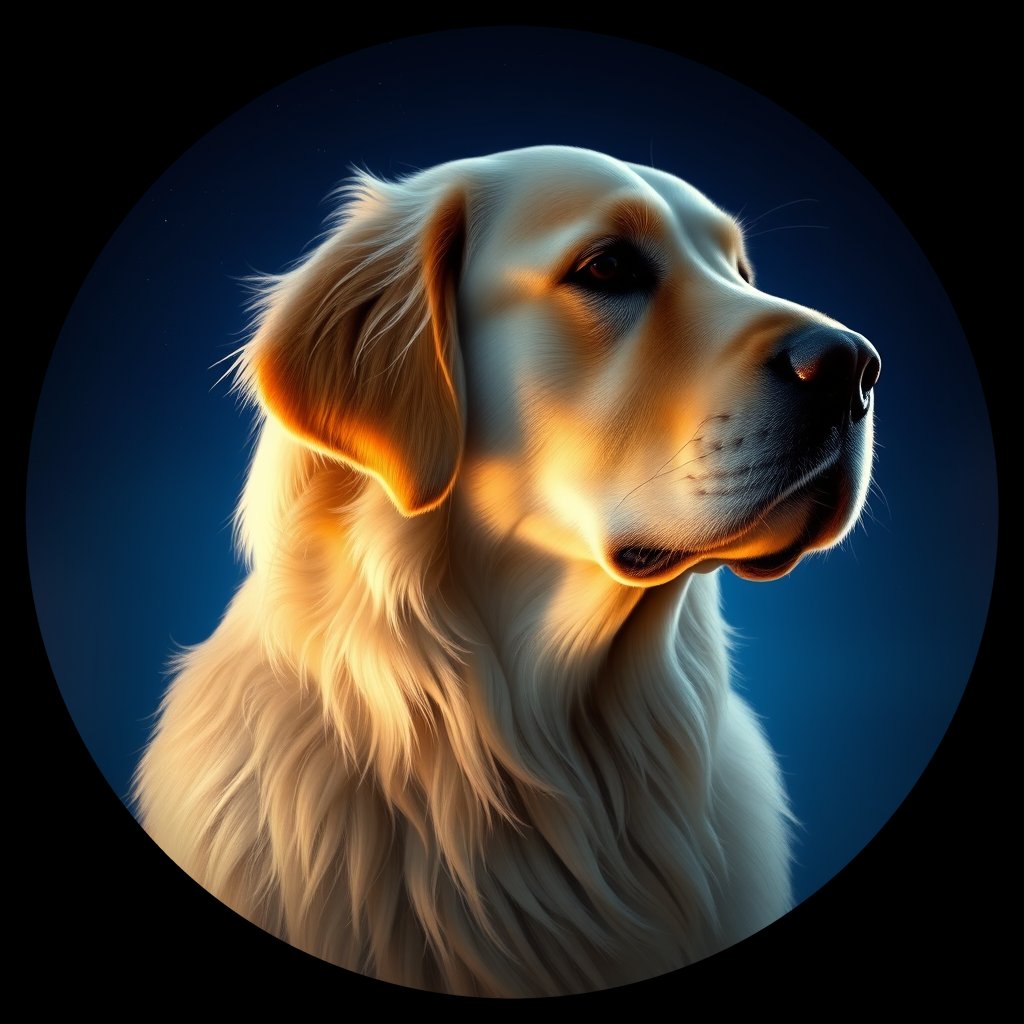Cosmic medallion portrait of GRLS_grlsMGE5UI55, a Golden Retriever