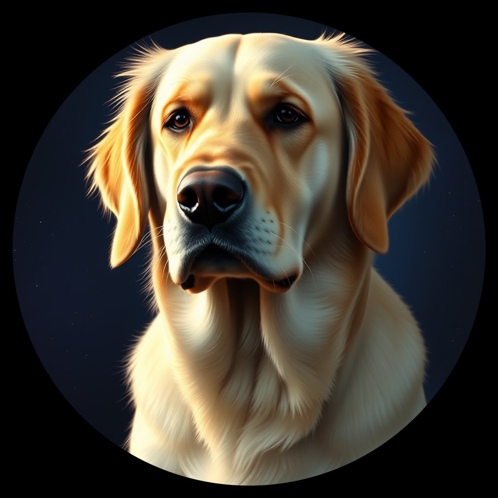 Cosmic medallion portrait of GRLS_grlsMI3ZSXFF, a Golden Retriever