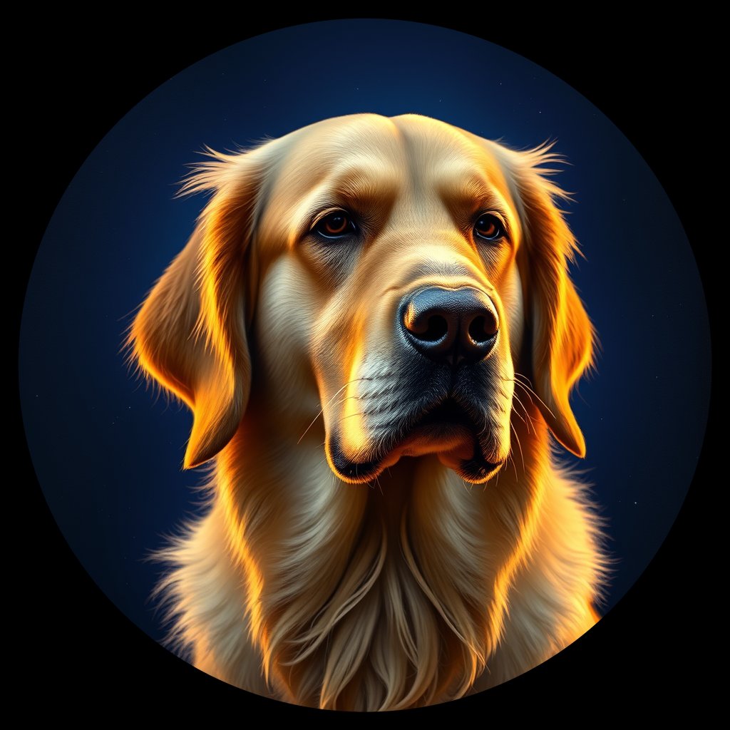 Cosmic medallion portrait of GRLS_grlsMJQO54ZZ, a Golden Retriever