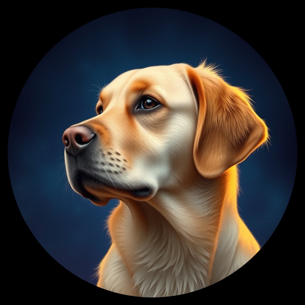 Cosmic medallion portrait of GRLS_grlsMJZUKONN, a Golden Retriever