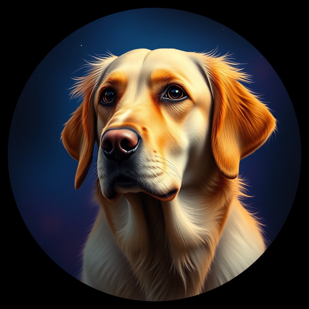 Cosmic medallion portrait of GRLS_grlsMKO0FR44, a Golden Retriever