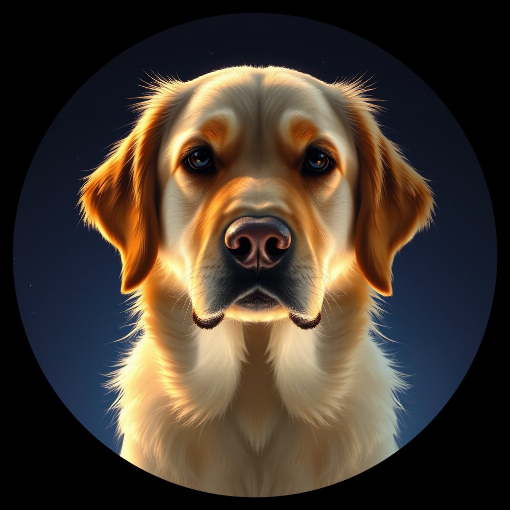 Cosmic medallion portrait of GRLS_grlsML4B00QQ, a Golden Retriever