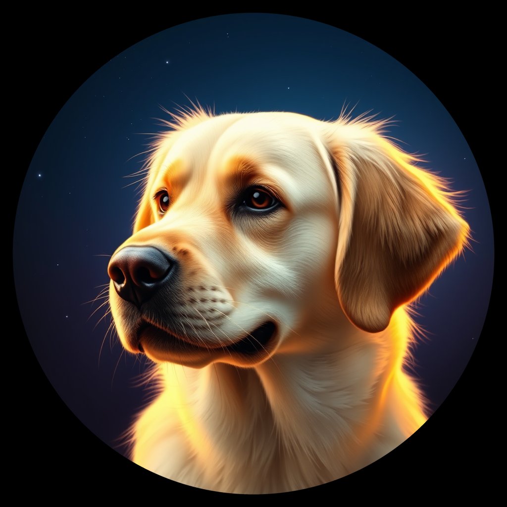 Cosmic medallion portrait of GRLS_grlsMM1XVLNN, a Golden Retriever