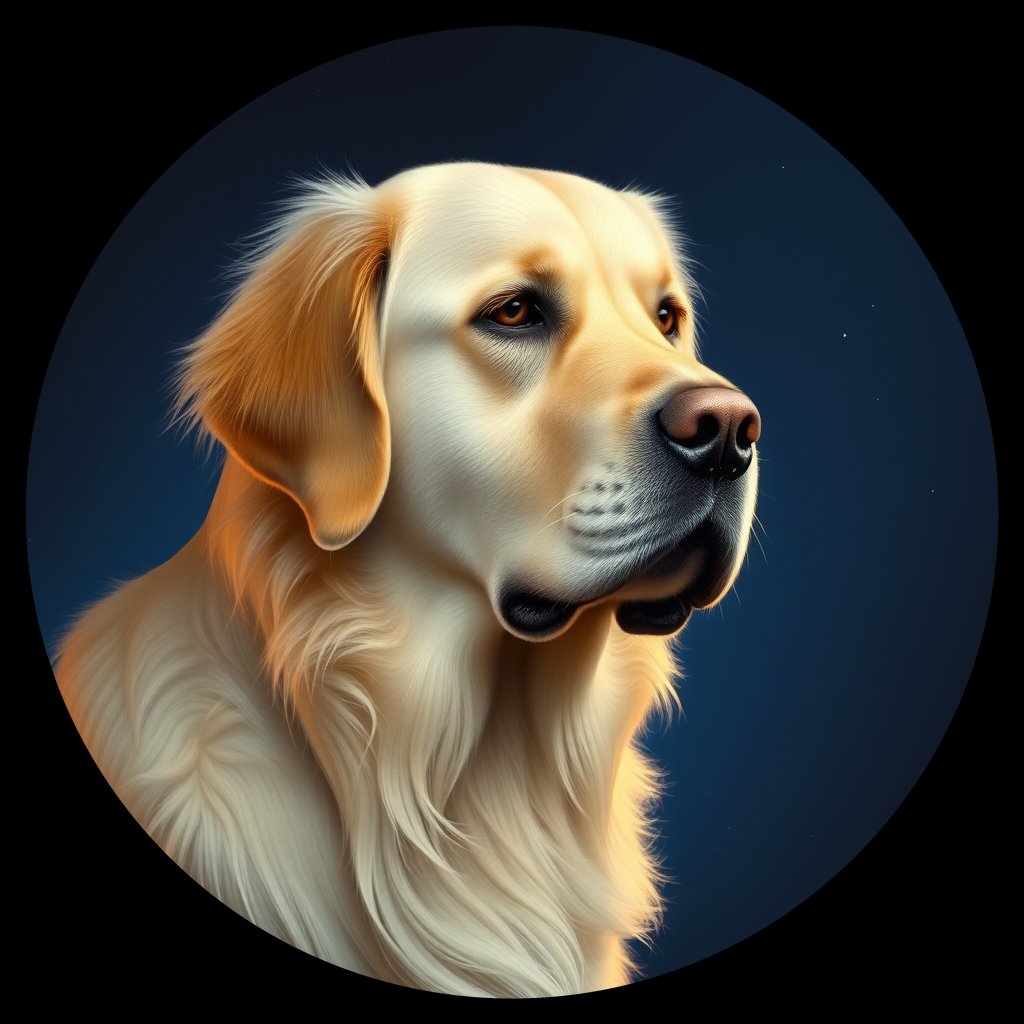 Cosmic medallion portrait of GRLS_grlsMMKSTLL, a Golden Retriever