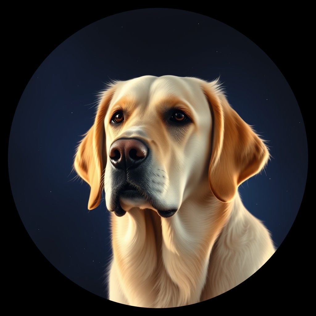 Cosmic medallion portrait of GRLS_grlsMO4Q8RRR, a Golden Retriever