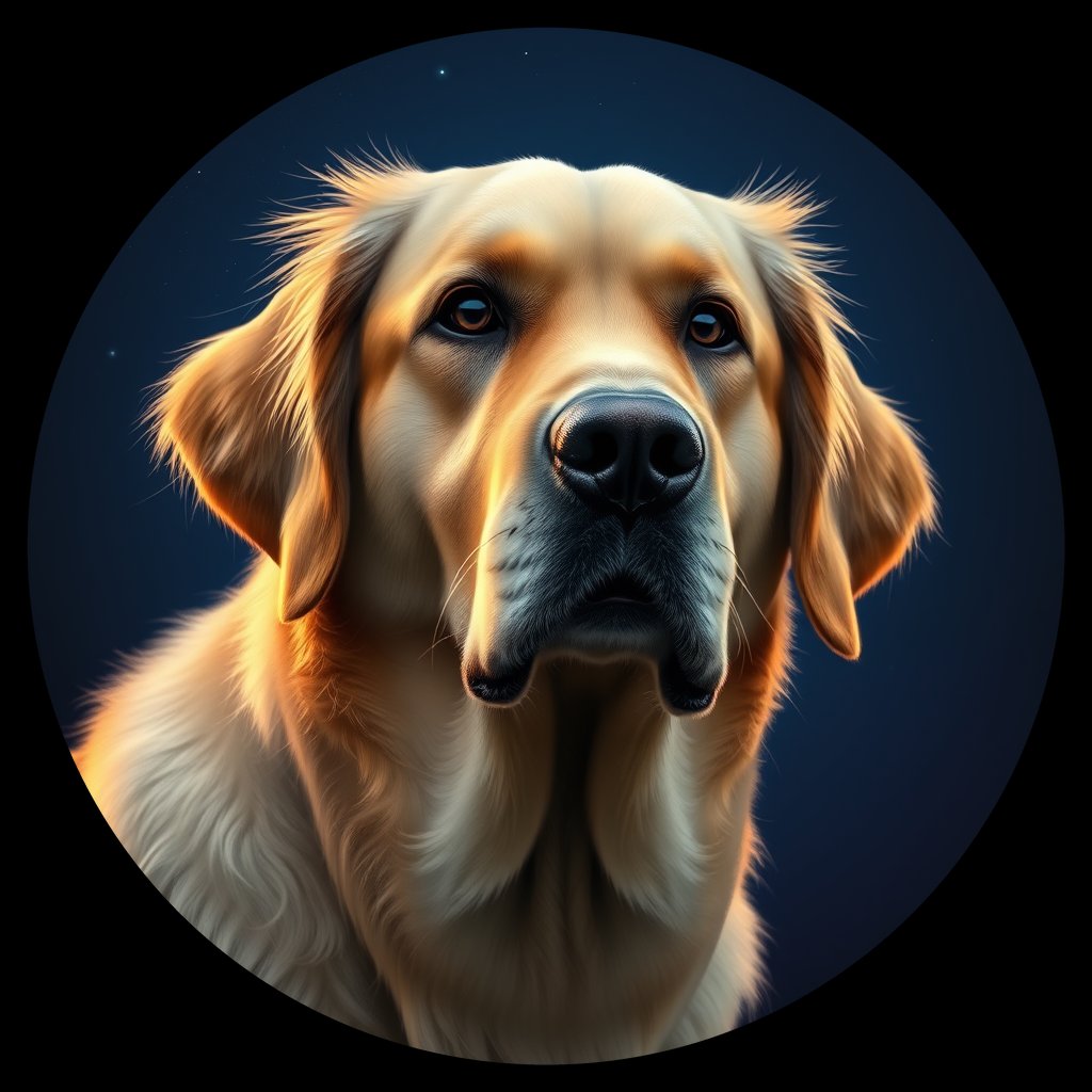 Cosmic medallion portrait of GRLS_grlsMOCF0544, a Golden Retriever