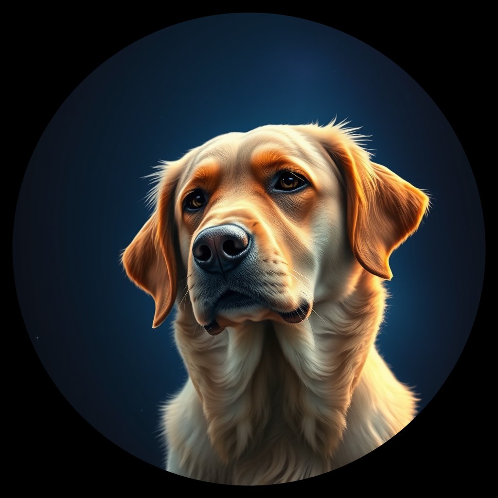 Cosmic medallion portrait of GRLS_grlsMOKYGJSS, a Golden Retriever