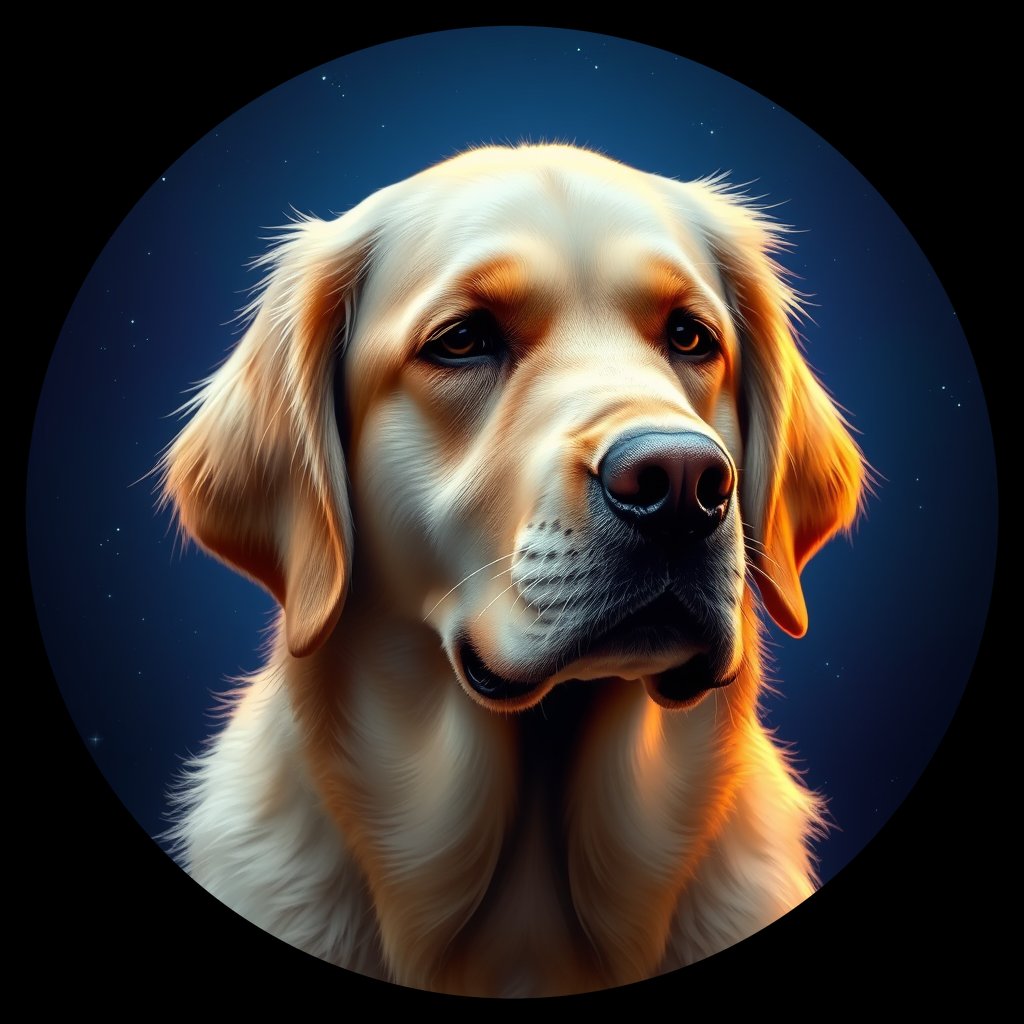 Cosmic medallion portrait of GRLS_grlsMR49RZ22, a Golden Retriever